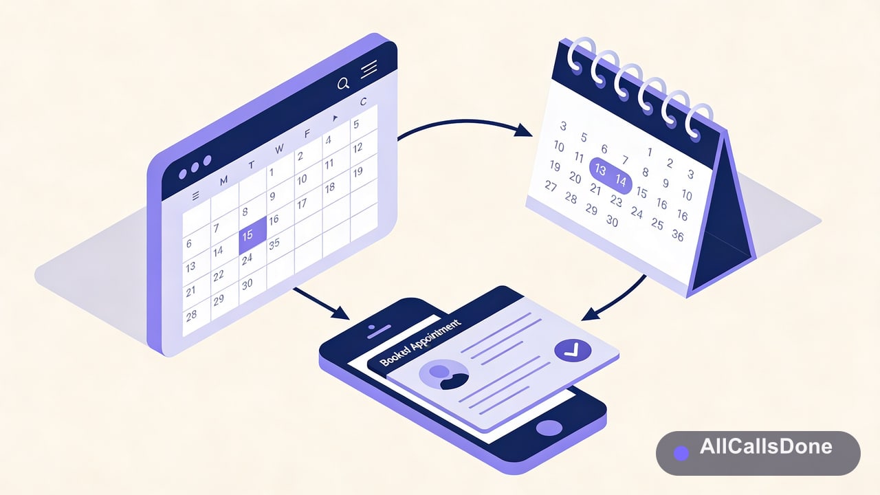 A website calendar syncing two ways with a connected calendar to book appointments
